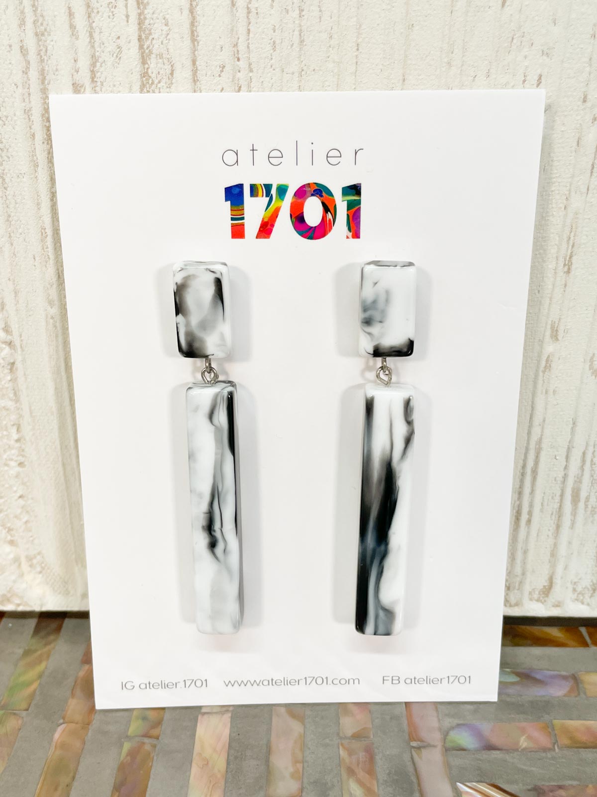 Atelier 1701 Long Bar Post Drop Earrings, White Black Marble - Statement Boutique