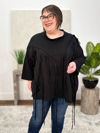 Bread & Butter Seam & Fringe Asymmetric Oversized Top, Black - Statement Boutique