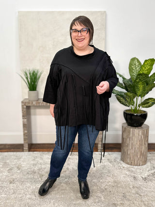 Bread & Butter Seam & Fringe Asymmetric Oversized Top, Black - Statement Boutique