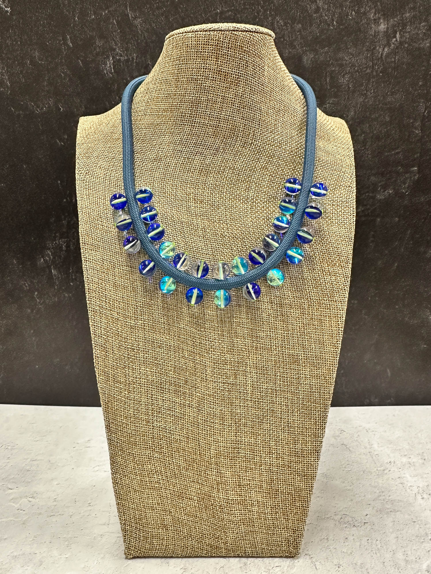 Glass Beads on Cord Necklace, Blue