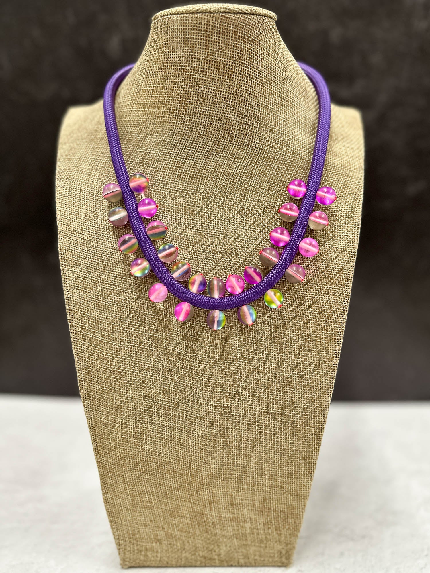 Glass Beads on Cord Necklace, Purple
