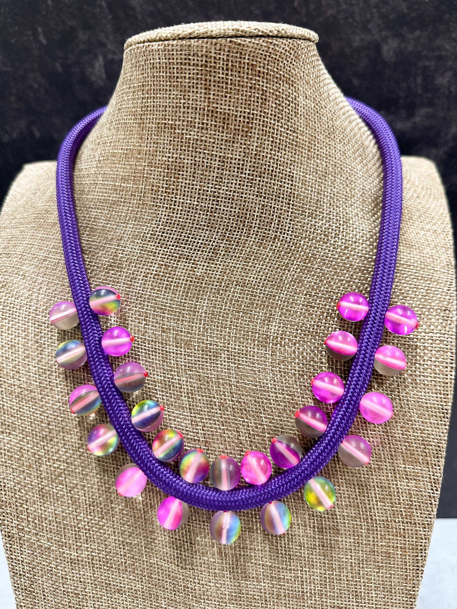 Glass Beads on Cord Necklace, Purple