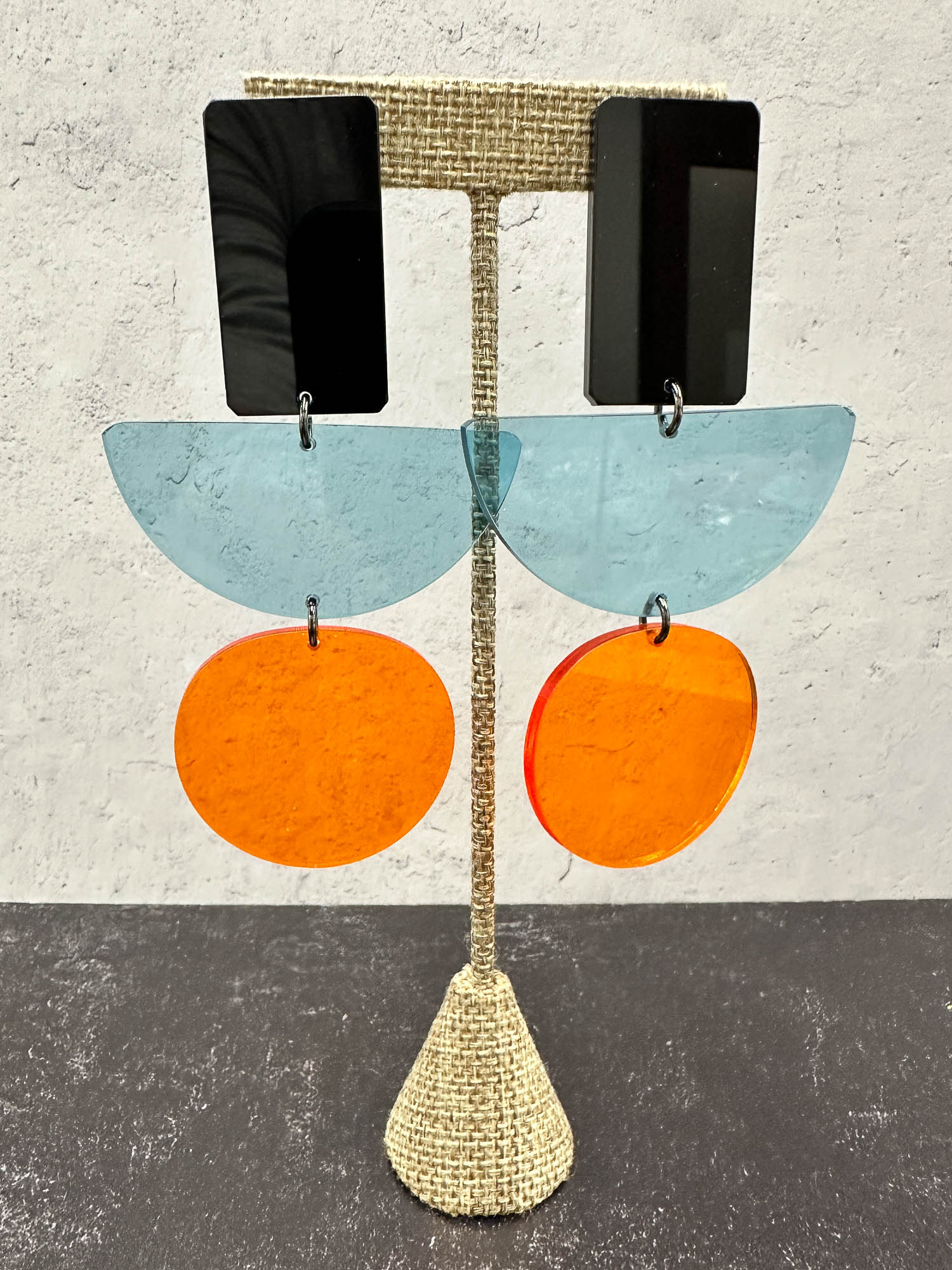 Large Laser Cut Acrylic Earrings, Black/Turquoise/Orange