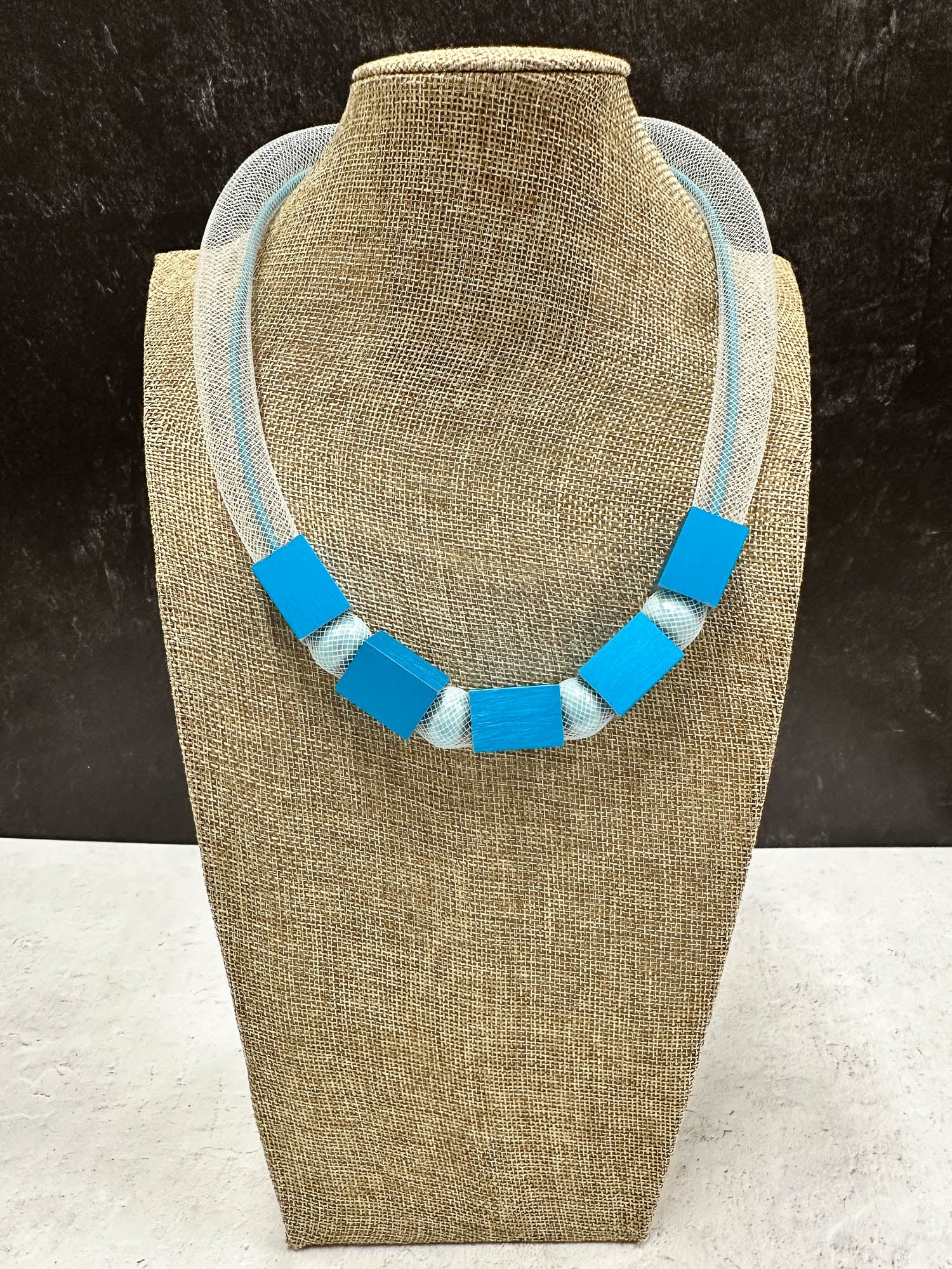 Tulle & Aluminum Beaded Collar Necklace, Blue