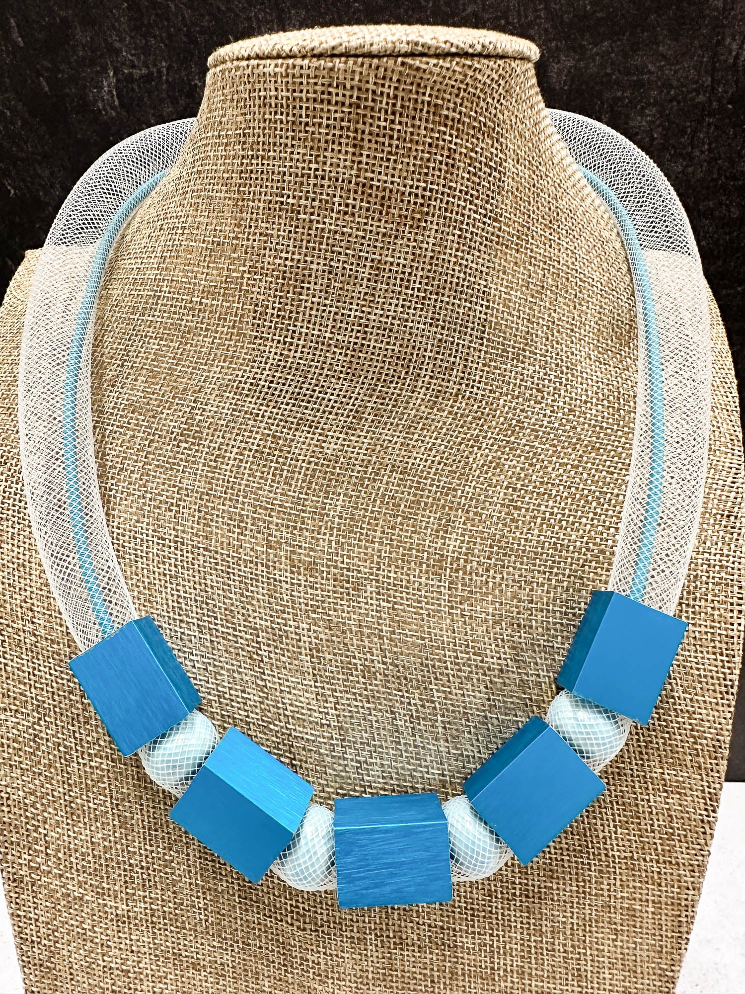 Christina Brampti Tulle & Aluminum Beaded Collar Necklace, Blue - Statement Boutique