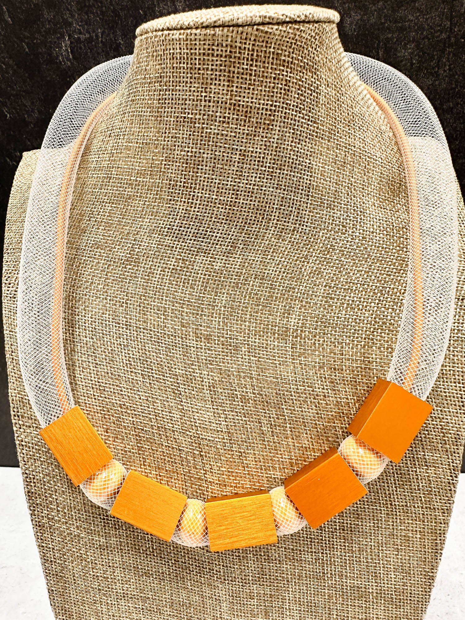 Christina Brampti Tulle & Aluminum Beaded Collar Necklace, Orange - Statement Boutique