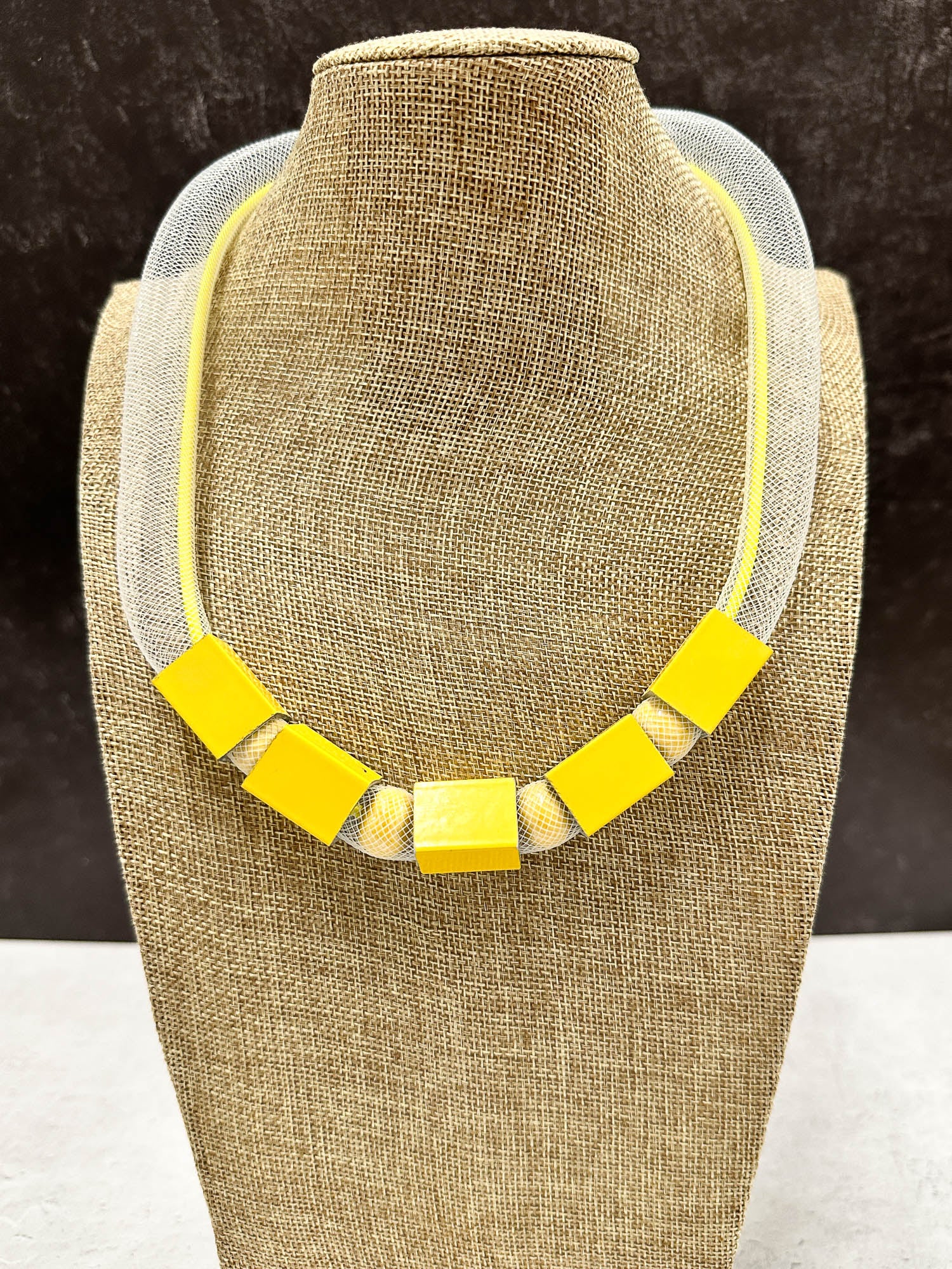 Tulle & Aluminum Beaded Collar Necklace, Yellow