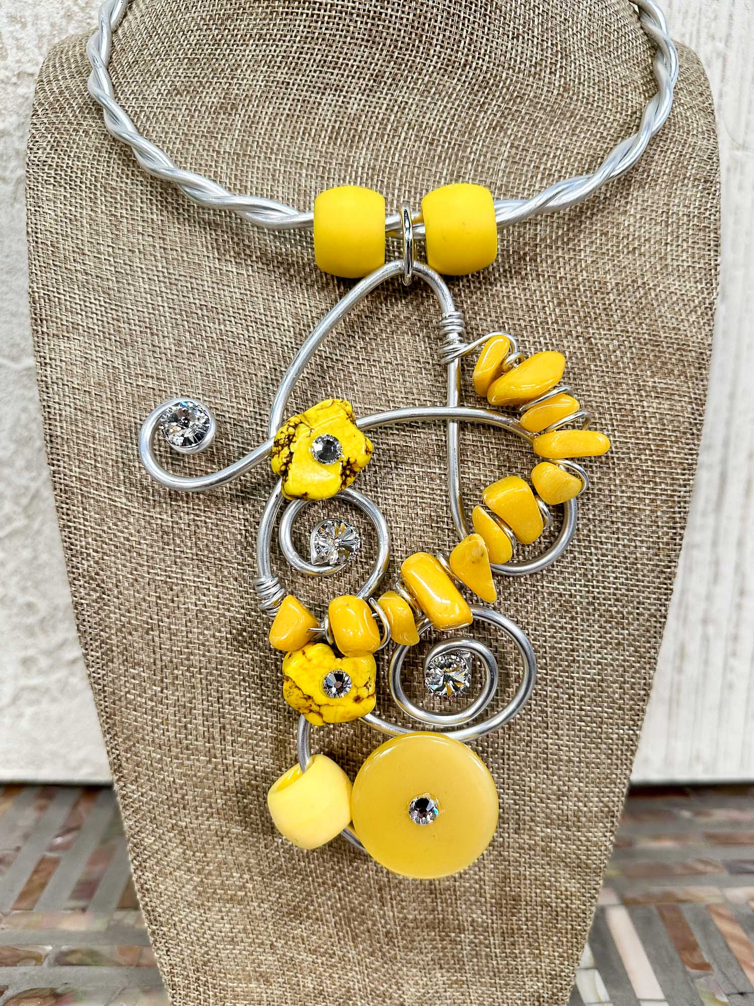 Bead & Stone Wire Collar Necklace, Yellow