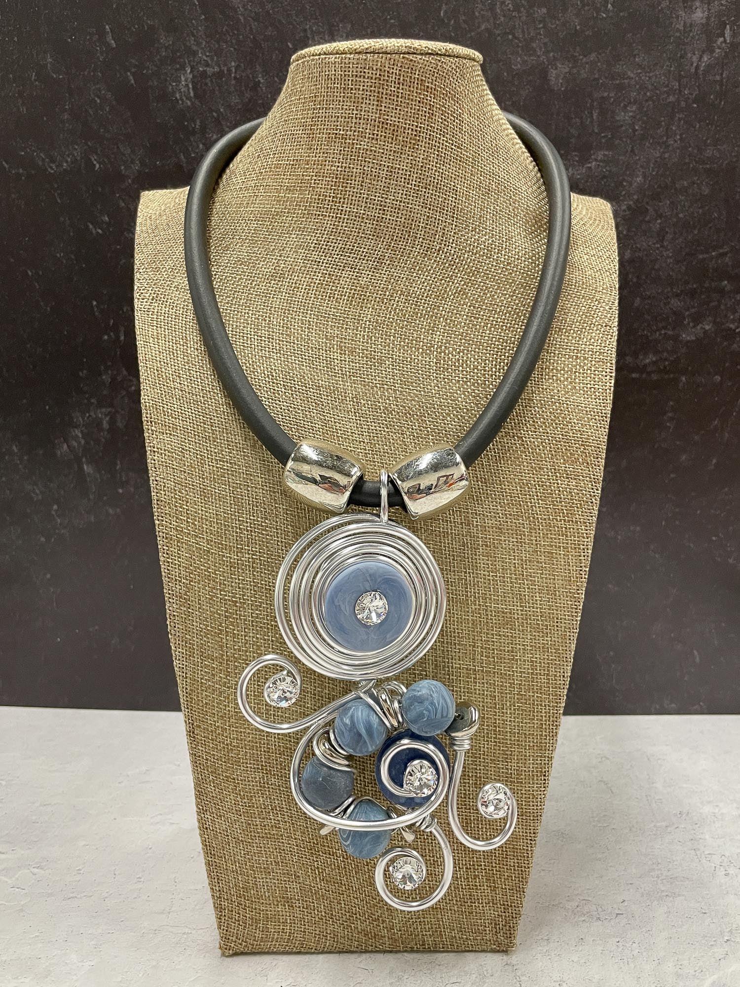 Jeff Lieb Total Design Jewelry Resin & Bead Pendant Rubber Cord Necklace, Blue - Statement Boutique