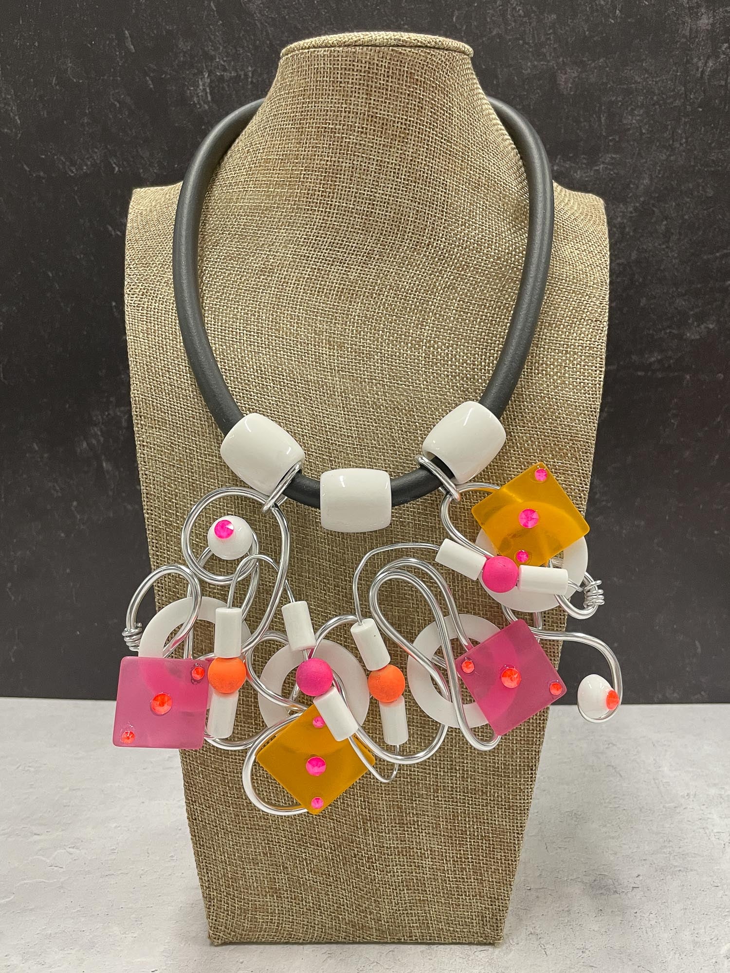 Jeff Lieb Total Design Jewelry Resin & Wire Bib Necklace, Fuchsia/Orange - Statement Boutique