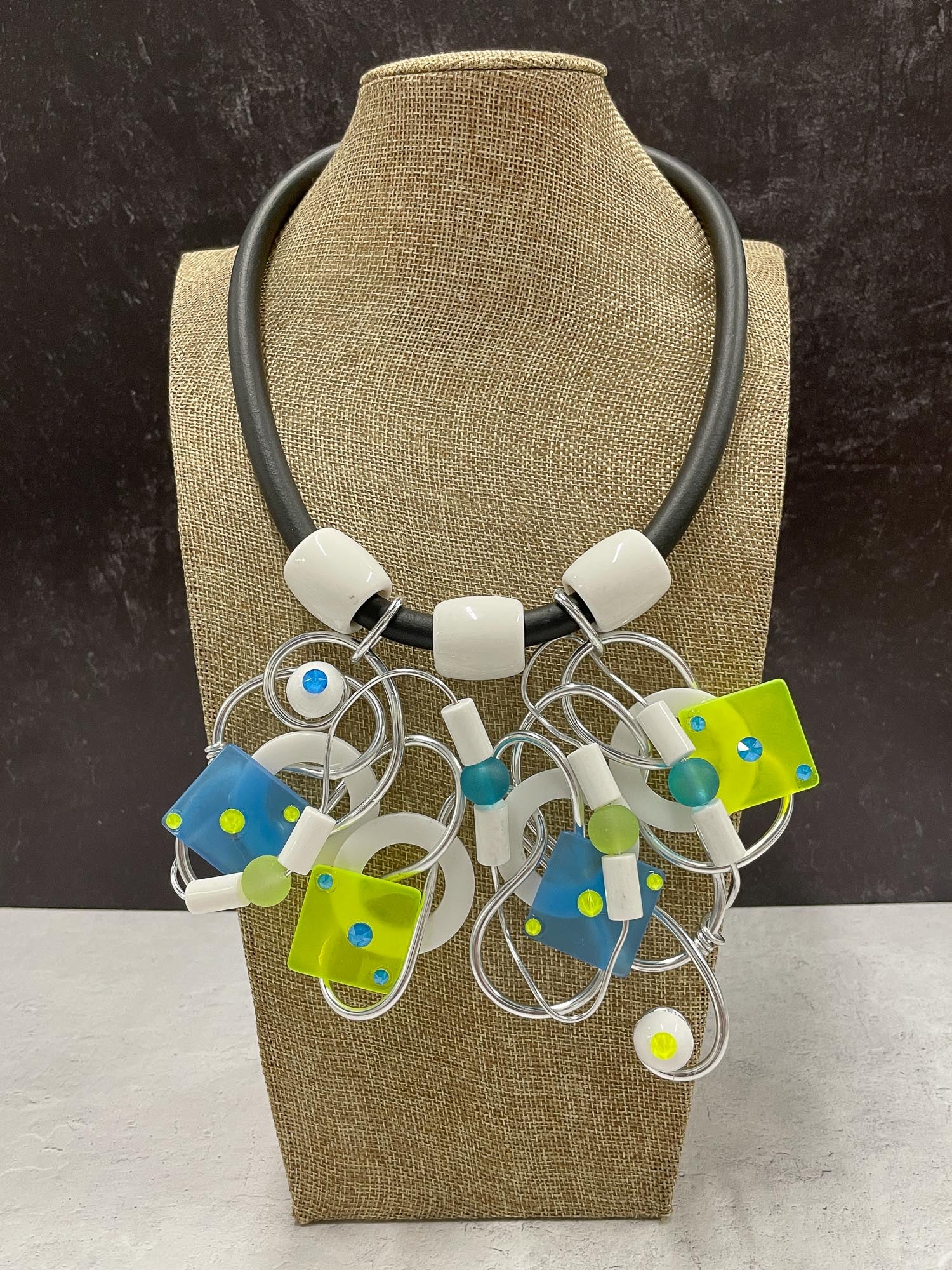 Jeff Lieb Total Design Jewelry Resin & Wire Bib Necklace, Yellow/Blue - Statement Boutique