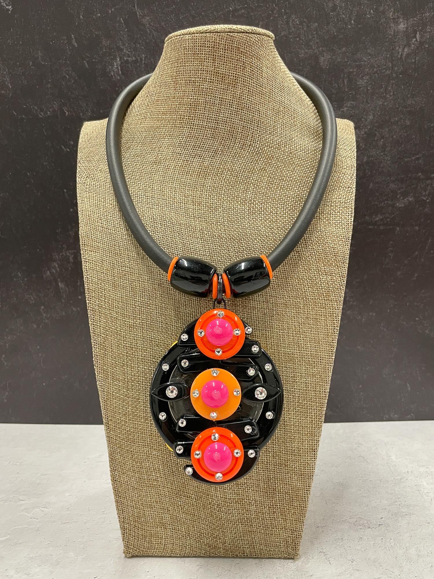 Reversible Resin & Crystal Rubber Cord Necklace, Black/Orange/Pink