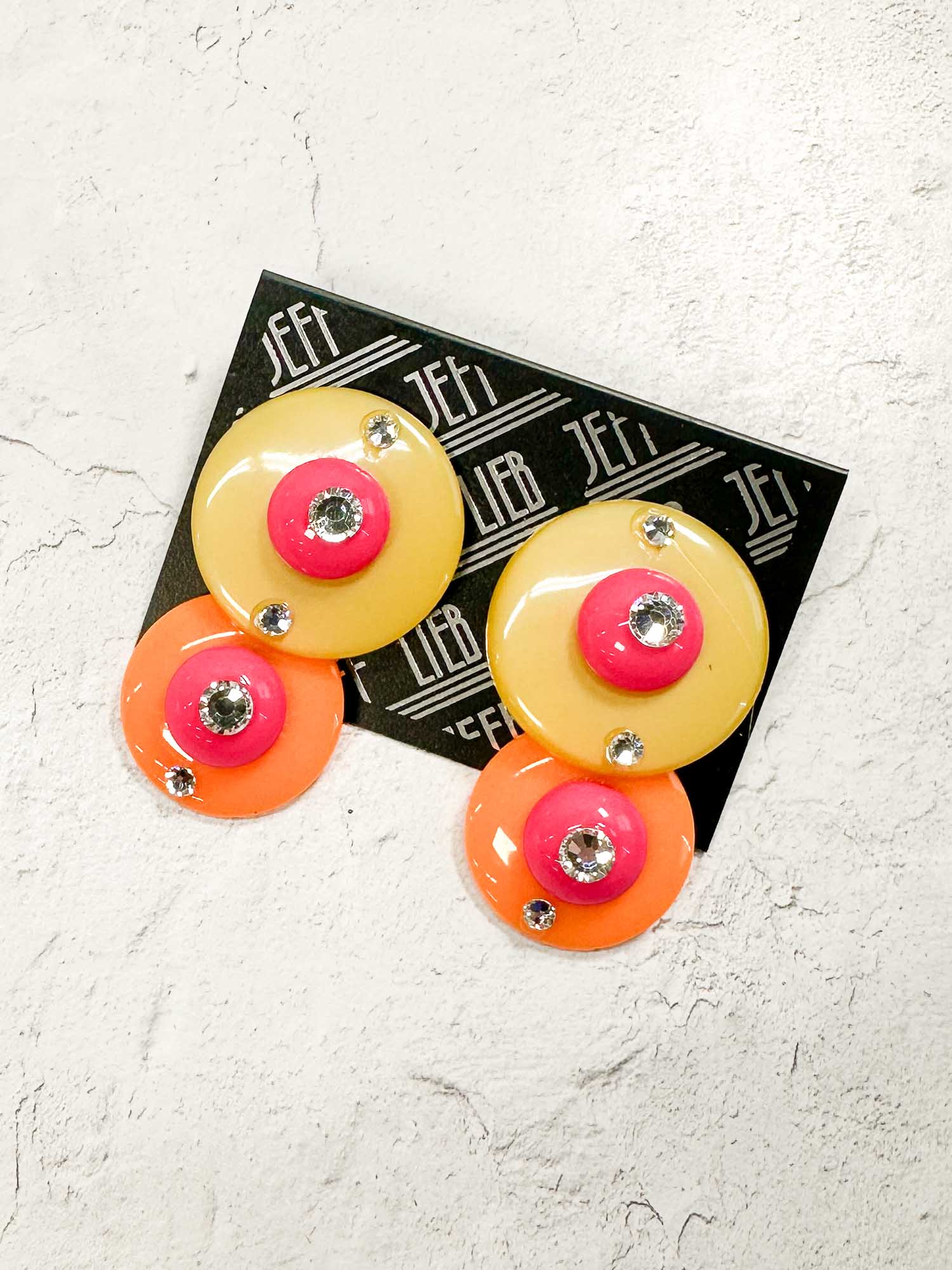 Round Deco Drop Clip Earrings, Orange/Pink/Yellow