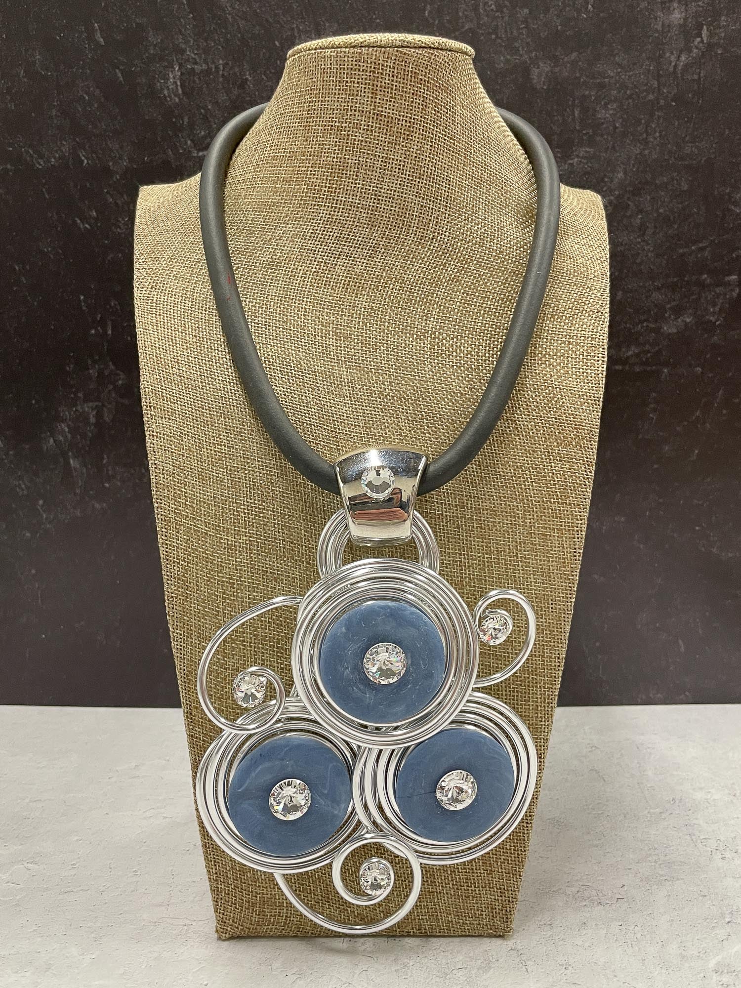 Trio Resin & Wire Pendant Rubber Cord Necklace, Blue