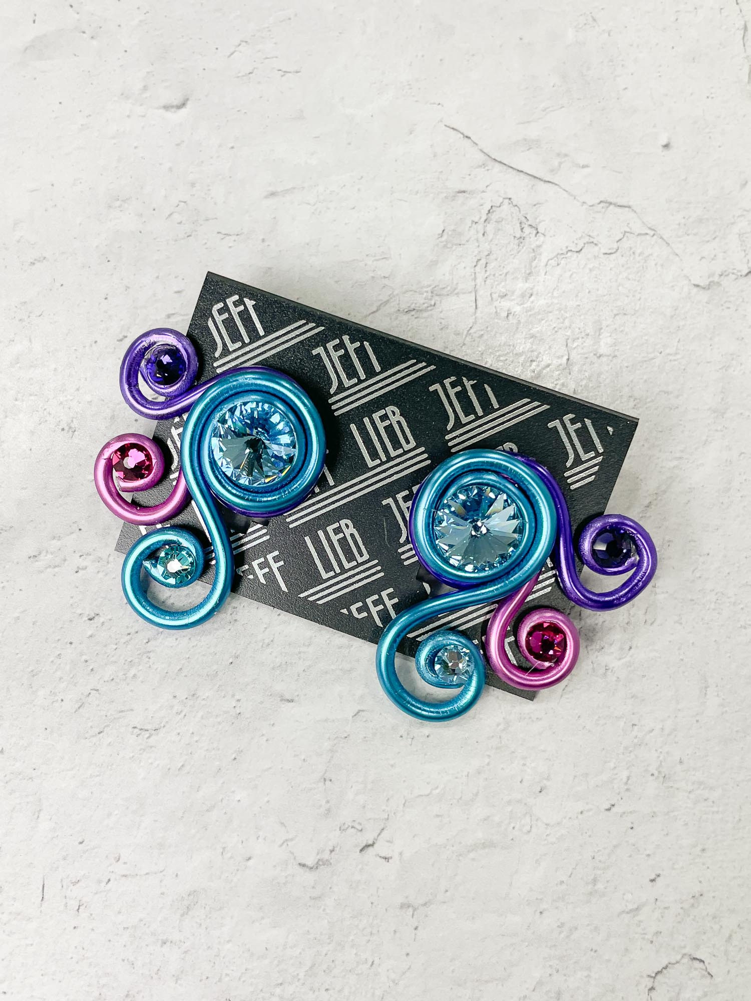 Trio Wire Post Earrings, Purple/Fuchsia/Blue