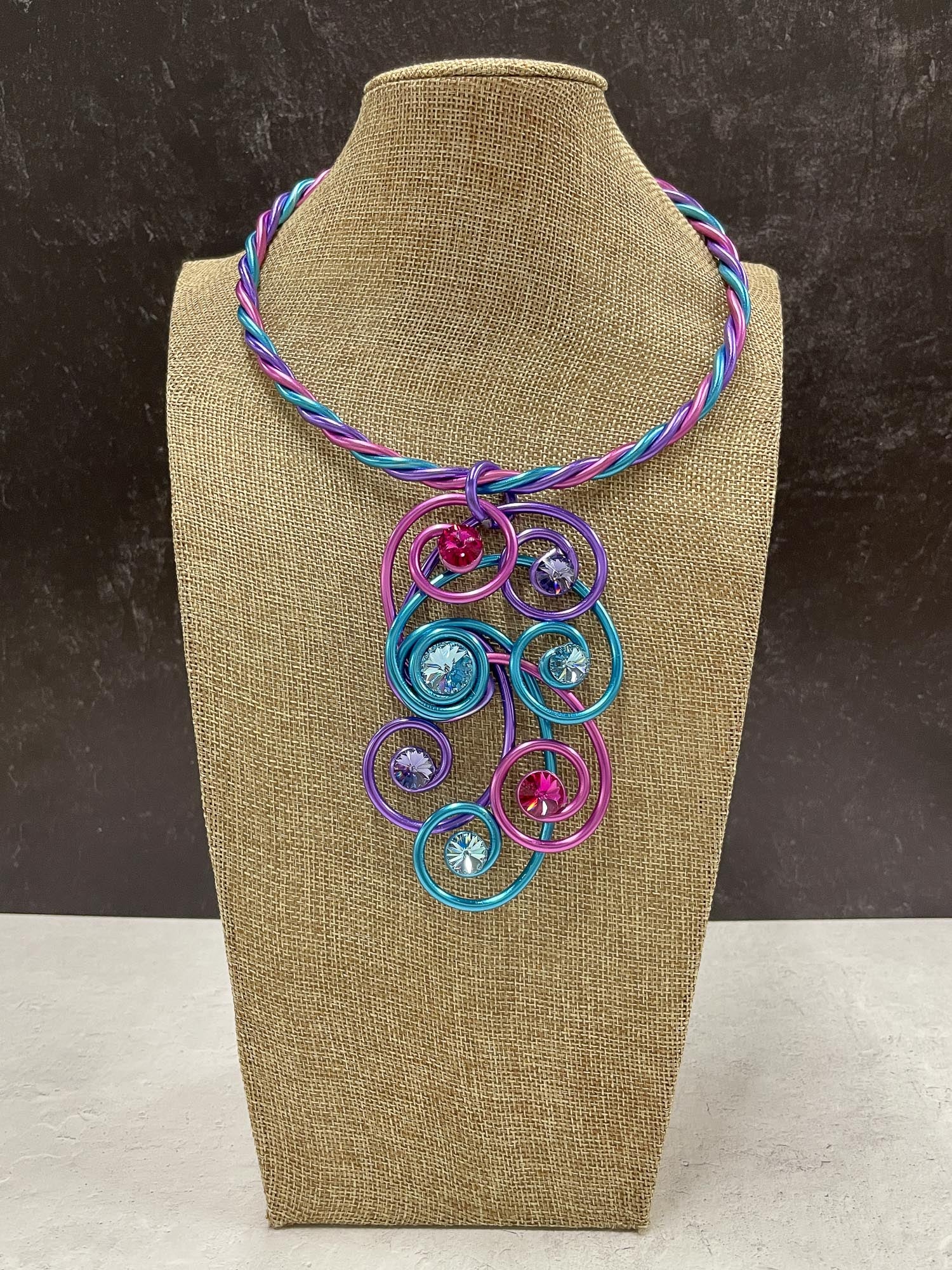 Trio Wire Swirl Collar Necklace, Purple/Fuchsia/Blue