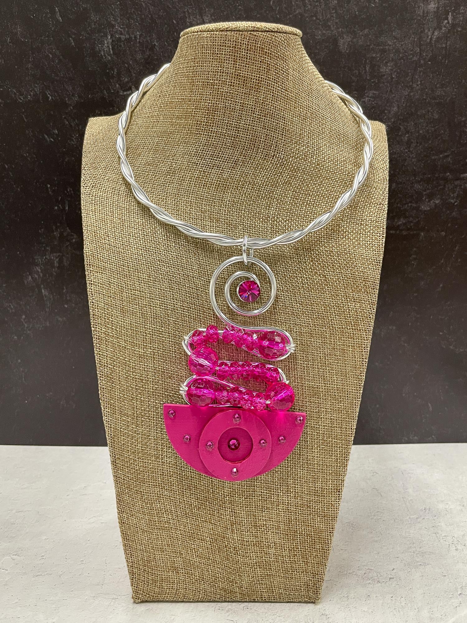 Wood & Bead Wire Collar Necklace, Silver/Pink