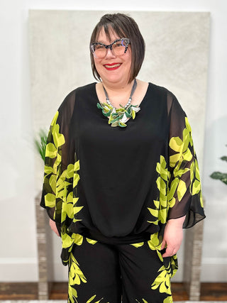 Joseph Ribkoff Chiffon & Silky Knit Floral Poncho Top, Black/Multi - Statement Boutique