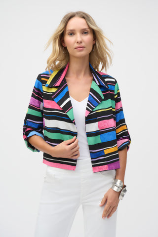 Joseph Ribkoff Gauze Stripe Print Short Boxy Blazer, Black/Multi - Statement Boutique