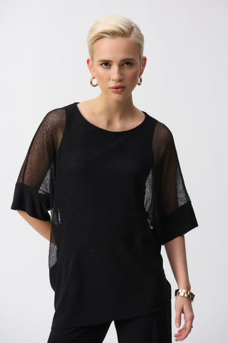 Joseph Ribkoff Mesh & Silky Knit Angled Top, Black - Statement Boutique