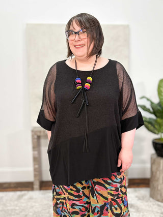 Joseph Ribkoff Mesh & Silky Knit Angled Top, Black - Statement Boutique