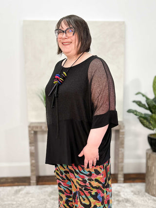 Joseph Ribkoff Mesh & Silky Knit Angled Top, Black - Statement Boutique