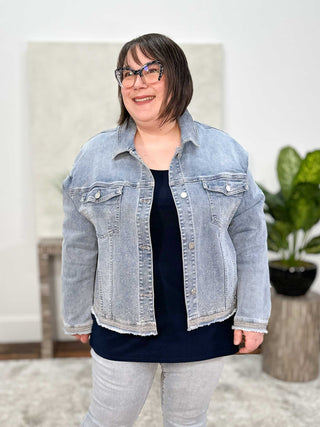 Joseph Ribkoff Stretch Denim Jacket with Rhinestone Embroidery, Vintage Blue - Statement Boutique