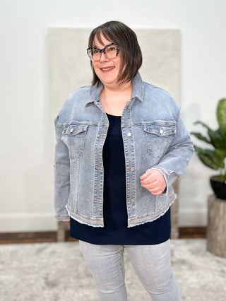 Joseph Ribkoff Stretch Denim Jacket with Rhinestone Embroidery, Vintage Blue - Statement Boutique