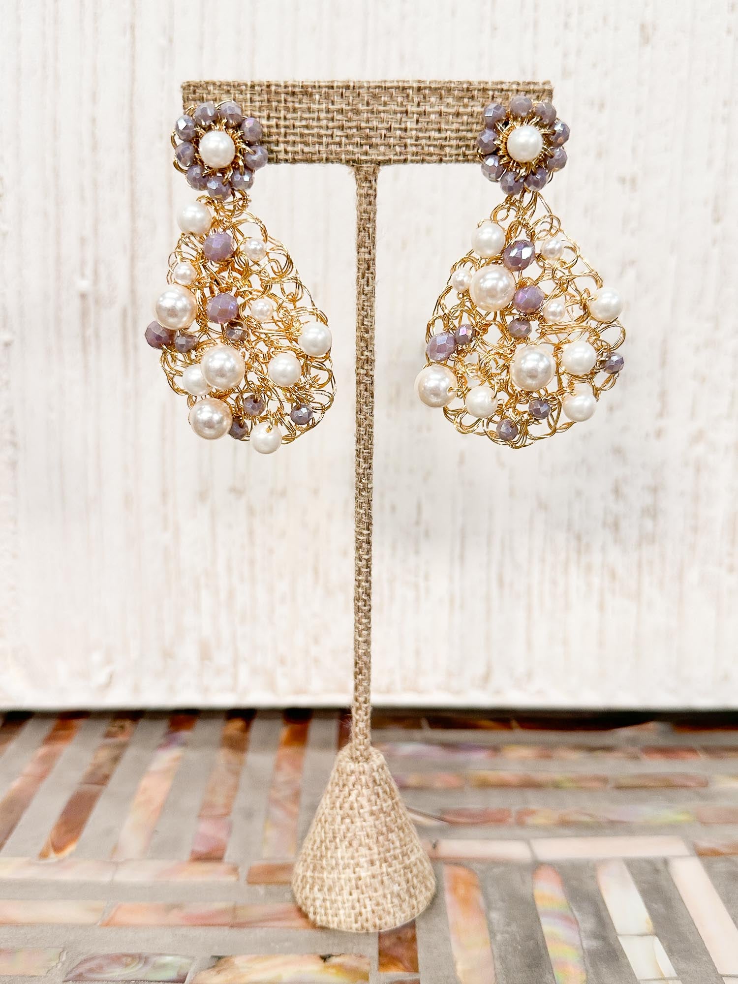 Aurora Earrings, Brass Purple Pearl