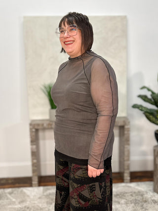 Luukaa Mesh Funnel Neck Top, Misty Black - Statement Boutique