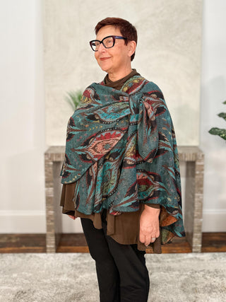 Rapti Fashion Cashmere Reversible Buckle Shawl, Almond Shapes Teal Multi - Statement Boutique