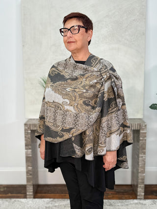 Rapti Fashion Cashmere Reversible Buckle Shawl, Paisley Grey Camel/Charcoal - Statement Boutique