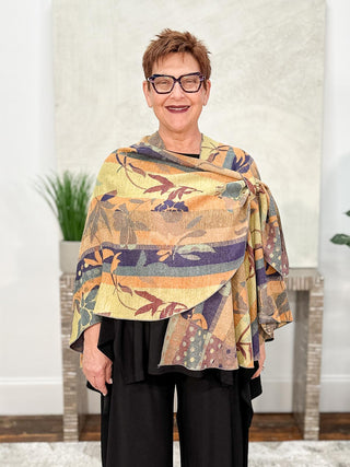Rapti Fashion Cashmere Reversible Buckle Shawl, Striped Floral Blue Multi - Statement Boutique