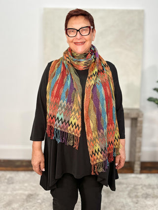 Rapti Fashion Reversible Oblong Silk Blend Scarf, Zig Zag Diamonds Green Orange Multi - Statement Boutique
