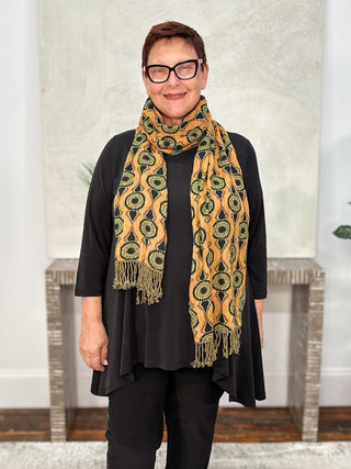 Rapti Fashion Reversible Oblong Silk Blend Scarf, Medallions Orange Turquoise - Statement Boutique