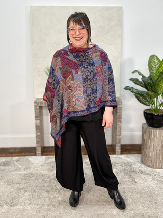Rapti Fashion Cashmere Reversible Poncho, Floral Paisley Navy Magenta - Statement Boutique