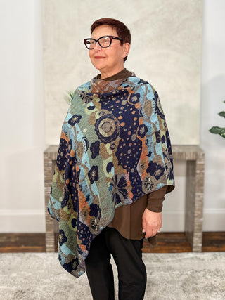 Rapti Fashion Cashmere Reversible Poncho, Striped Floral Navy Multi - Statement Boutique