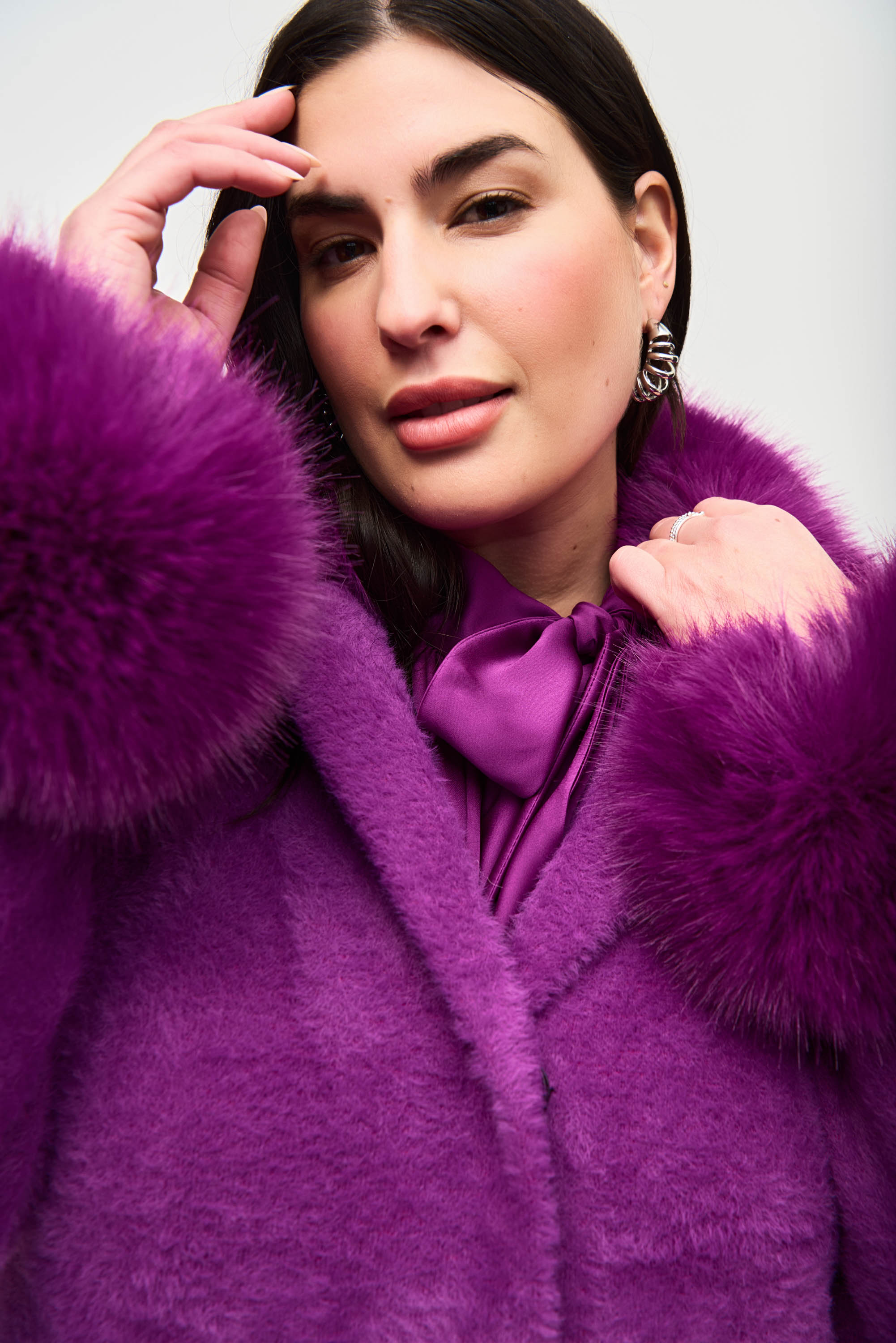 Joseph Ribkoff Feather Yarn Faux Fur Trim Sweater Coat Empress Statement Boutique