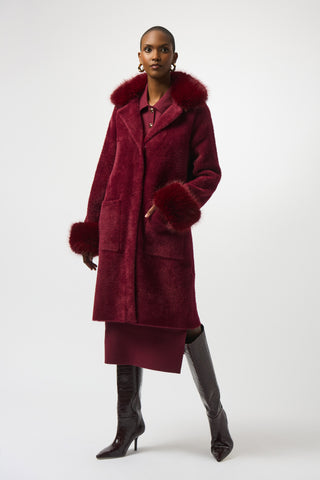 Joseph Ribkoff Feather Yarn and Faux Fur Sweater Coat, Merlot - Statement Boutique