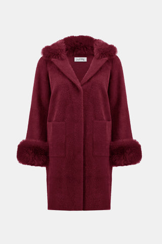 Joseph Ribkoff Feather Yarn and Faux Fur Sweater Coat, Merlot - Statement Boutique