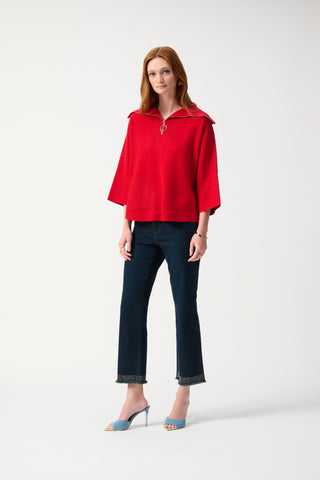 Joseph Ribkoff Boxy Zipped Collar Sweater, Lipstick Red - Statement Boutique