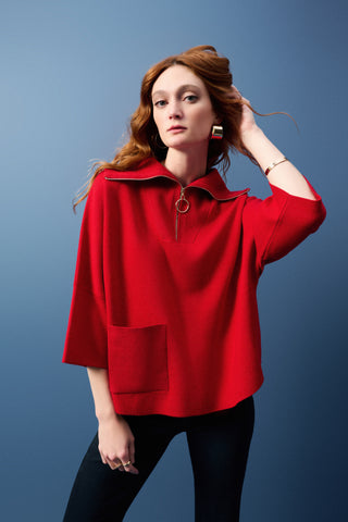 Joseph Ribkoff Boxy Zipped Collar Sweater, Lipstick Red - Statement Boutique