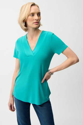 Silky Knit V-Neck Flared Top, Oceanic