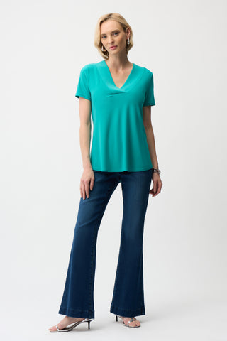 Silky Knit V-Neck Flared Top, Oceanic