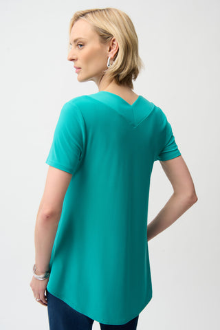 Silky Knit V-Neck Flared Top, Oceanic