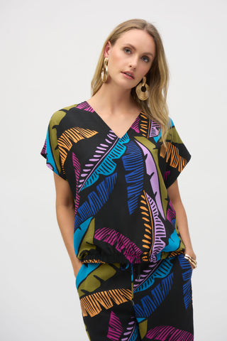 Joseph Ribkoff Gauze Tropical Print Boxy Top, Black/Multi - Statement Boutique