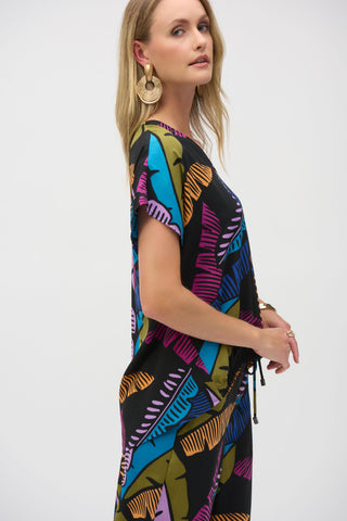 Joseph Ribkoff Gauze Tropical Print Boxy Top, Black/Multi - Statement Boutique
