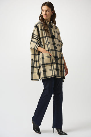 Joseph Ribkoff Jacquard Sweater Knit Plaid Poncho, Champagne/Black - Statement Boutique