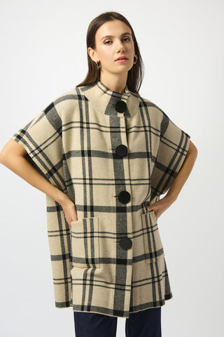 Joseph Ribkoff Jacquard Sweater Knit Plaid Poncho, Champagne/Black - Statement Boutique