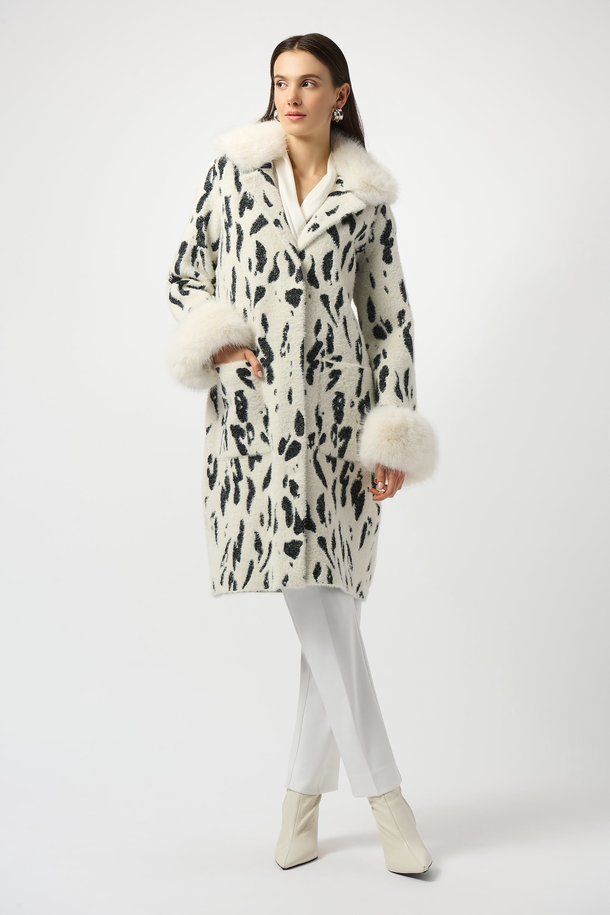 Joseph Ribkoff Feather Yarn Animal Jacquard Coat with Faux Fur